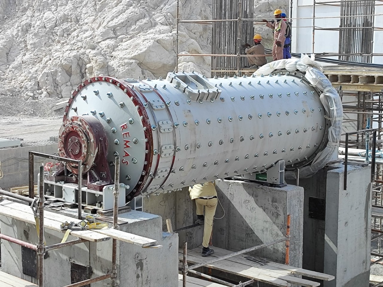 Ball mill set on its foundation at a project site after delivery